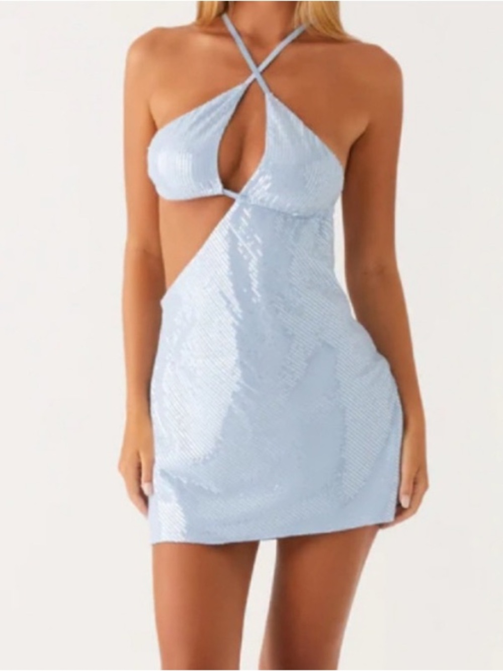 Peppermayo Light Blue Sequin Cutout Halter Mini Dress